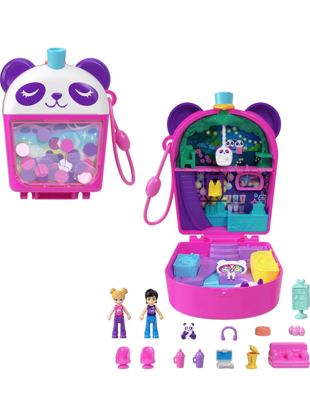 🐼NWT POLLY POCKET BUBBLE TEA PANDA COMPACT ANIMAL TOY W/2 DOLLS & ACCESSORIES